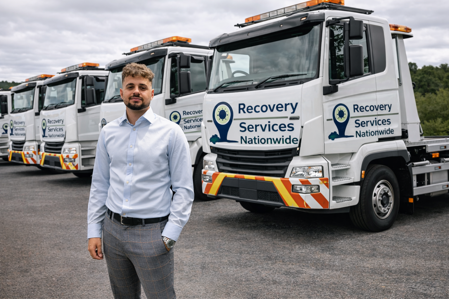Alejandro Stone, Director of Recovery Services Nationwide, in front of the company fleet